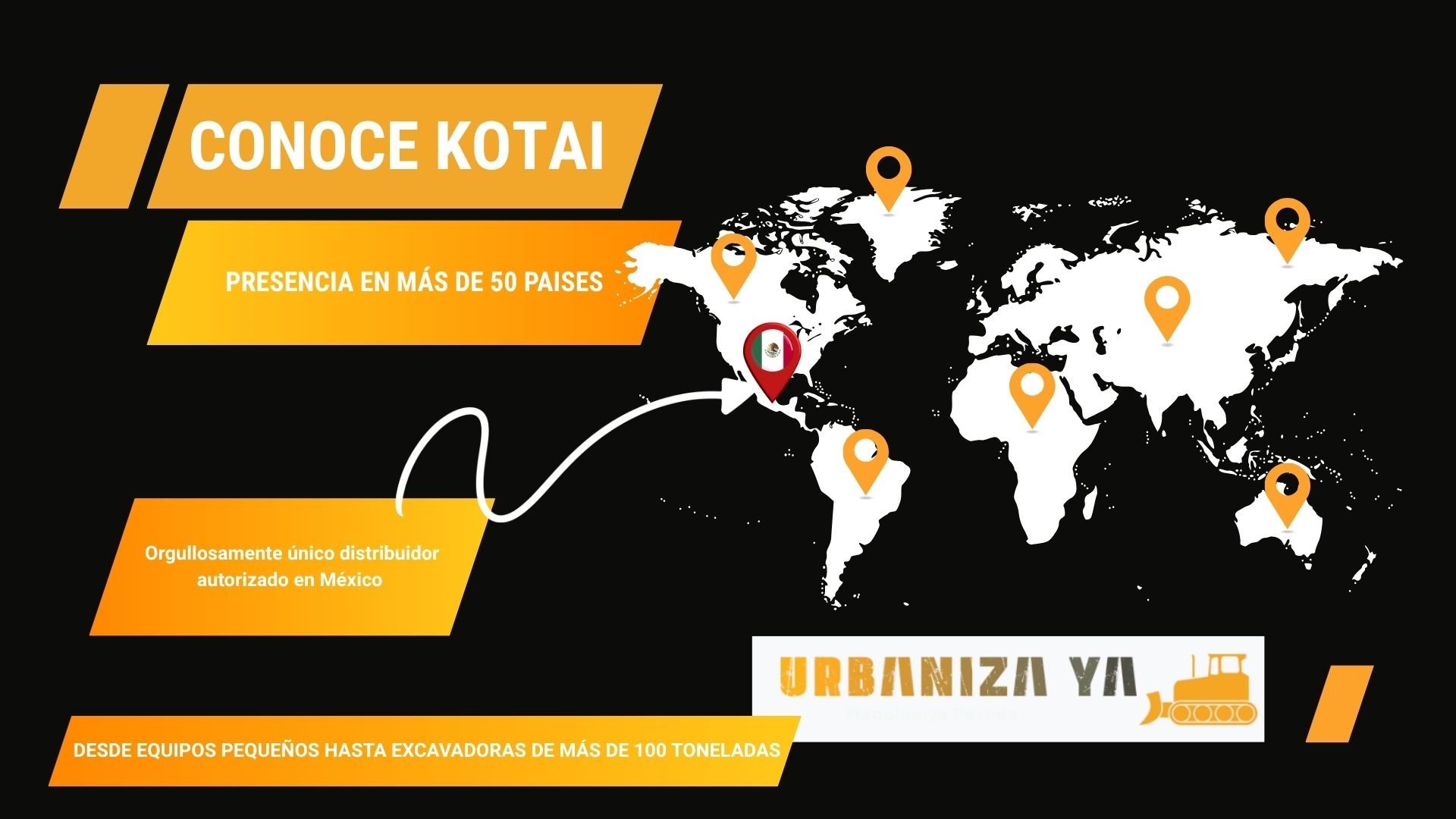 World map showing Conoce Kotais global presence in over 50 countries with location pins and Urbaniza Ya branding